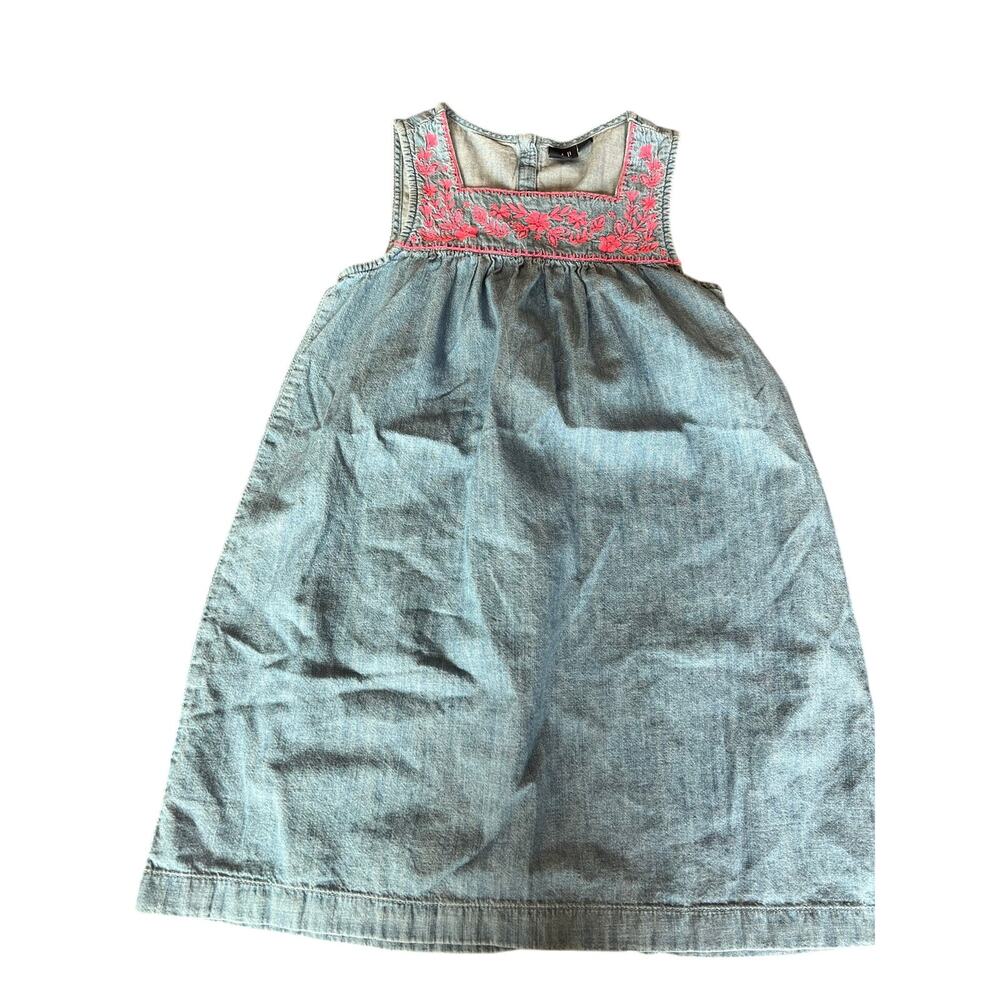Gap Girls Denim Dress, Medium/8, Sleeveless, Embroidered, Blue/Pink, 100% Cotton